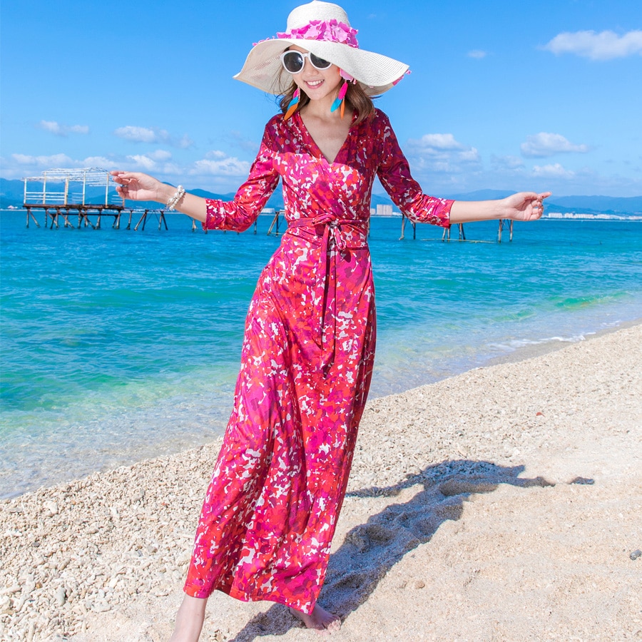 Women Sexy Print  Split   ̾ Beach Dress Summer Summer Slim Dress  belt 2018